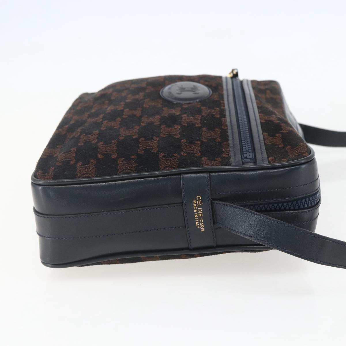 CELINE C Macadam Canvas Shoulder Bag Suede Navy Gold Auth 158416
