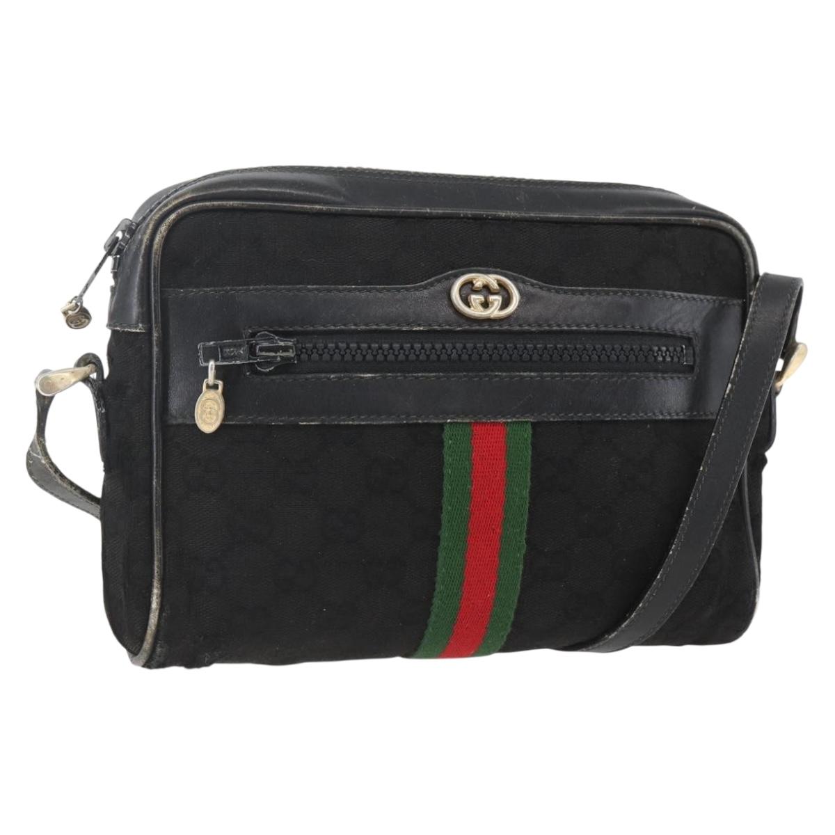 GUCCI GG Canvas Web Sherry Line Shoulder Bag Black Gold Auth 158418