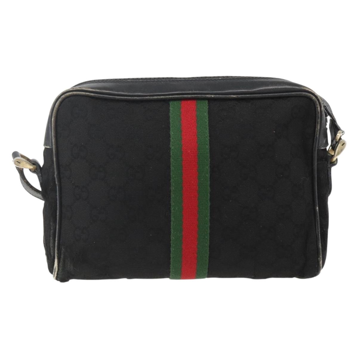 GUCCI GG Canvas Web Sherry Line Shoulder Bag Black Gold Auth 158418