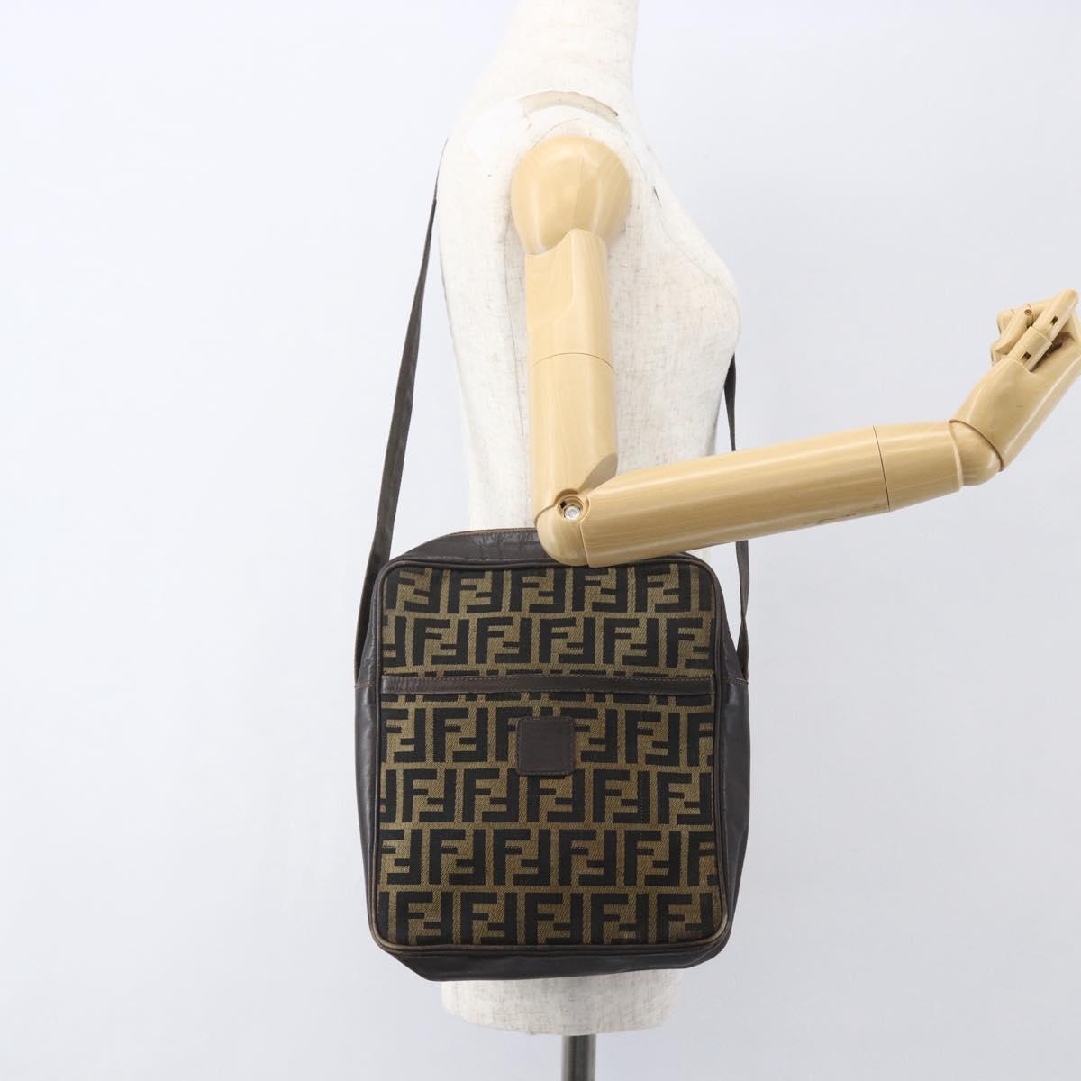 FENDI Zucca Canvas Shoulder Bag Black Brown Auth 158420