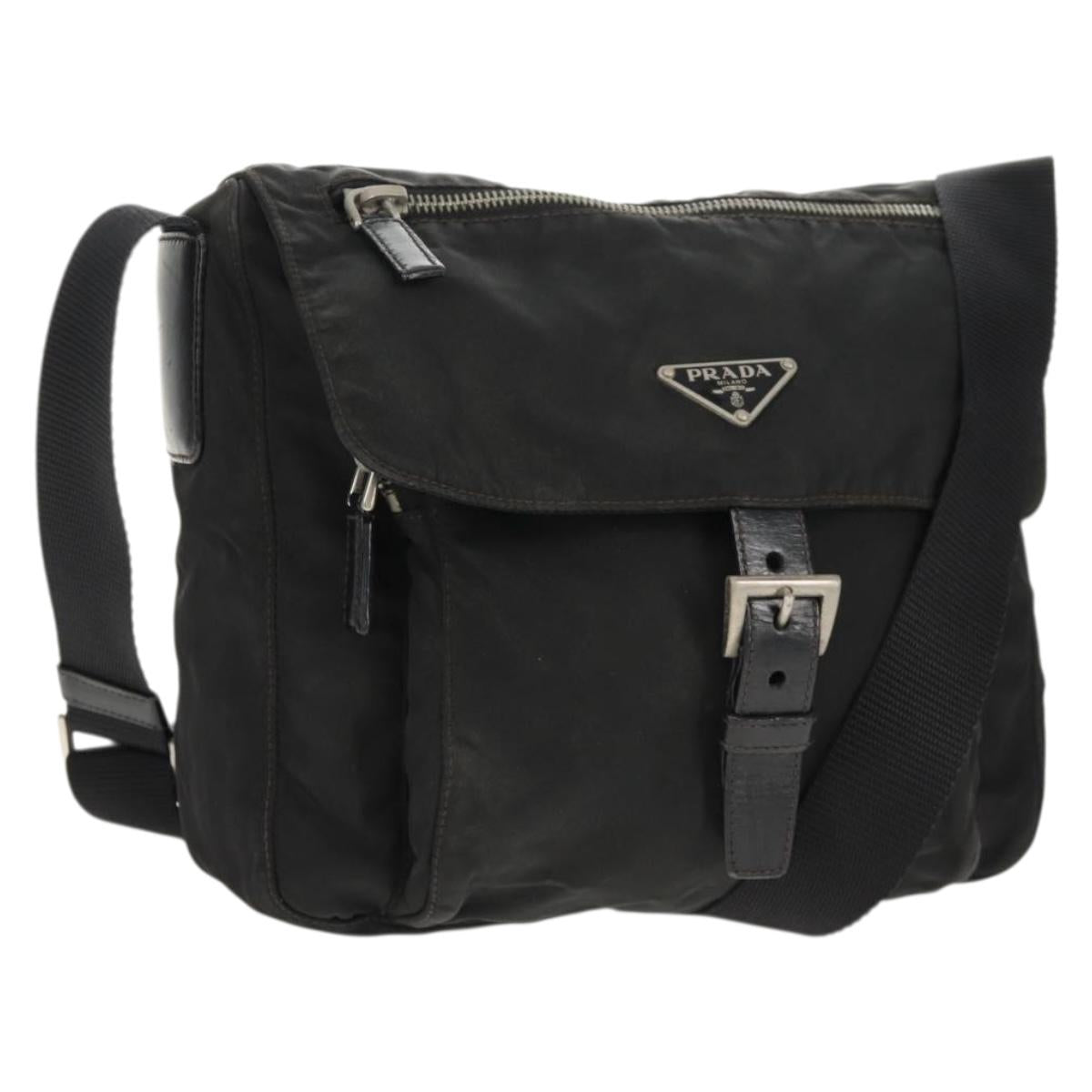 PRADA Shoulder Bag Nylon Silver Black Auth 158486