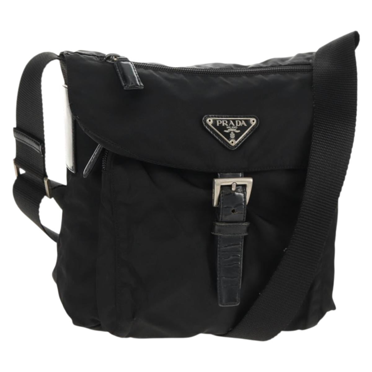 PRADA Shoulder Bag Nylon Silver Black Auth 158487