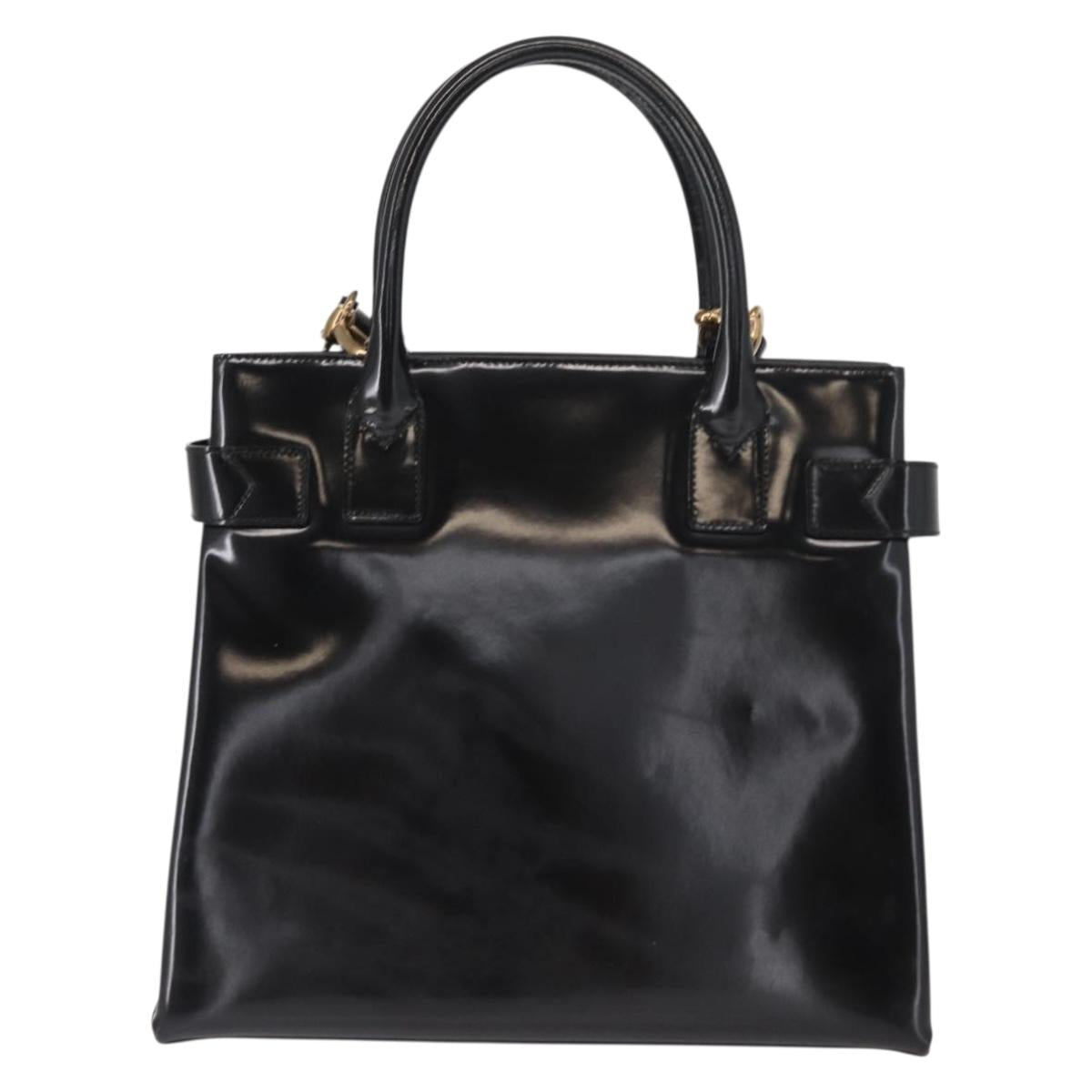 GUCCI Hand Bag Enamel 2way Black Gold Auth 158500