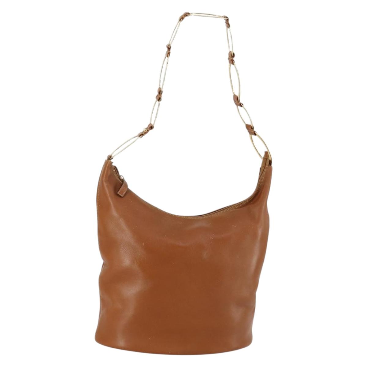 GUCCI Shoulder Bag Leather Brown Gold Auth 158501