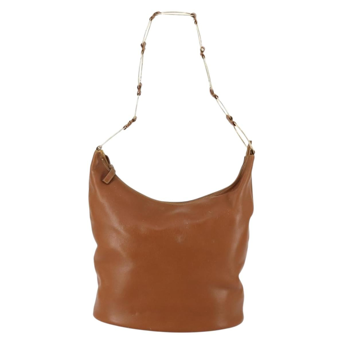 GUCCI Shoulder Bag Leather Brown Gold Auth 158501