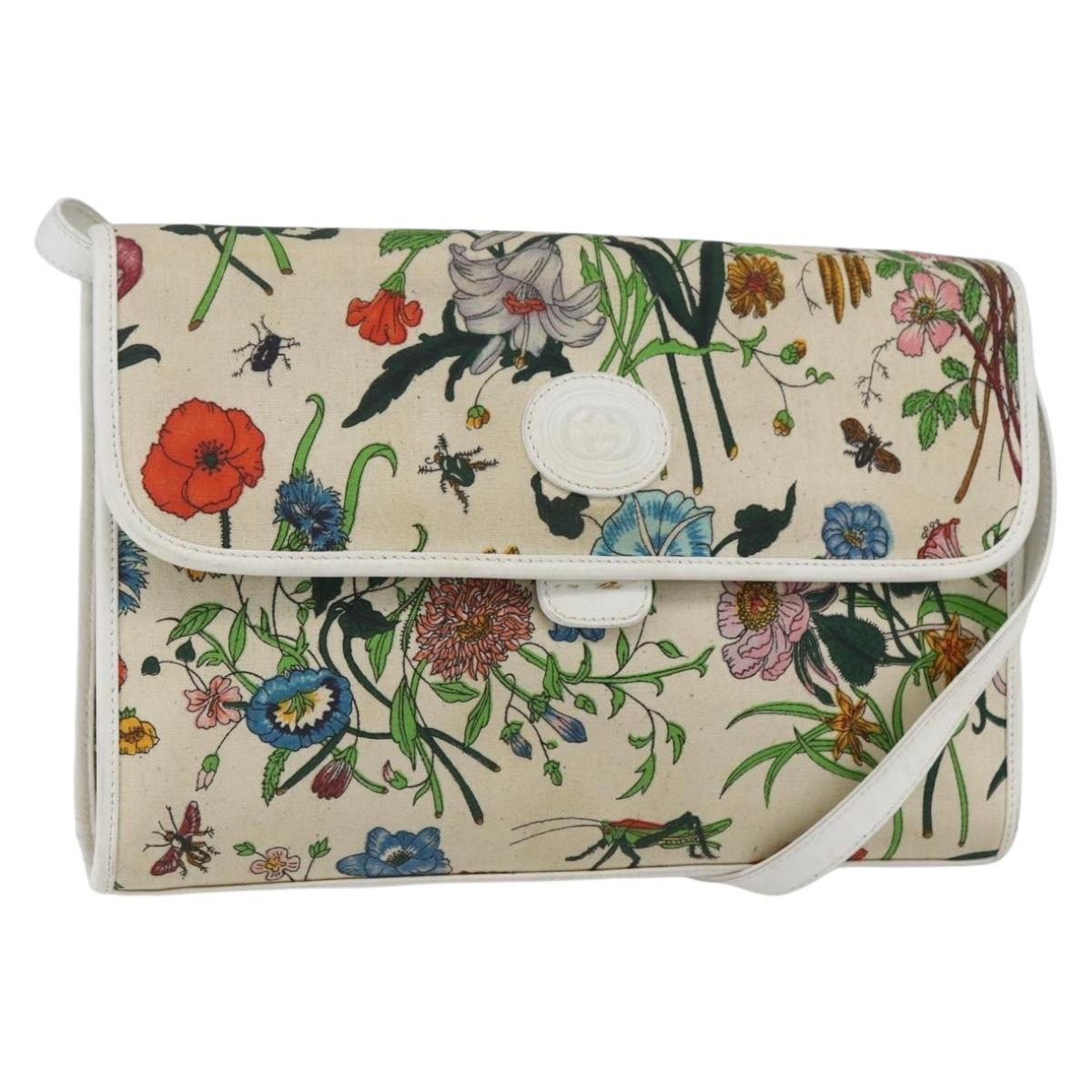 GUCCI Flora Shoulder Bag Canvas Beige Gold Auth 158509