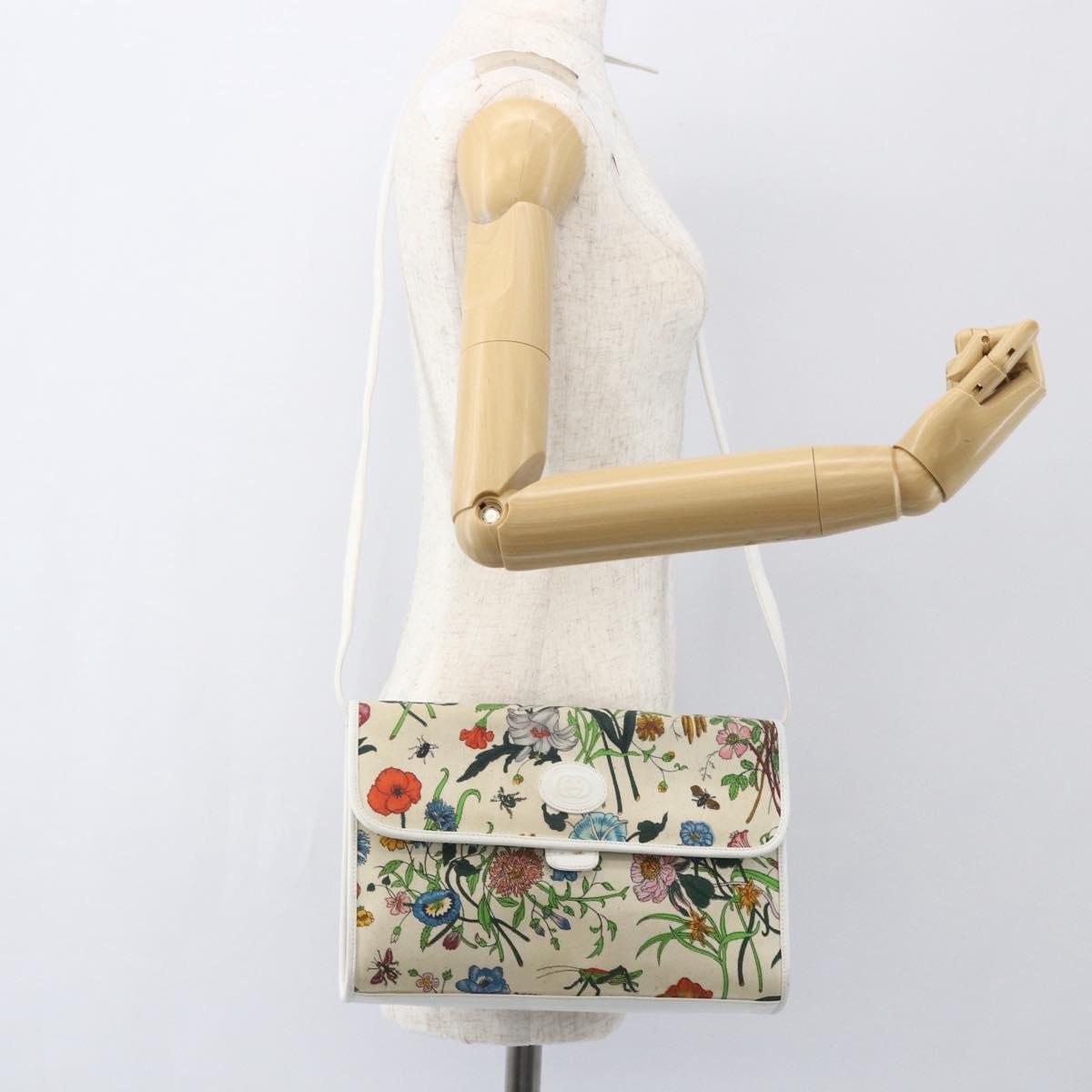 GUCCI Flora Shoulder Bag Canvas Beige Gold Auth 158509