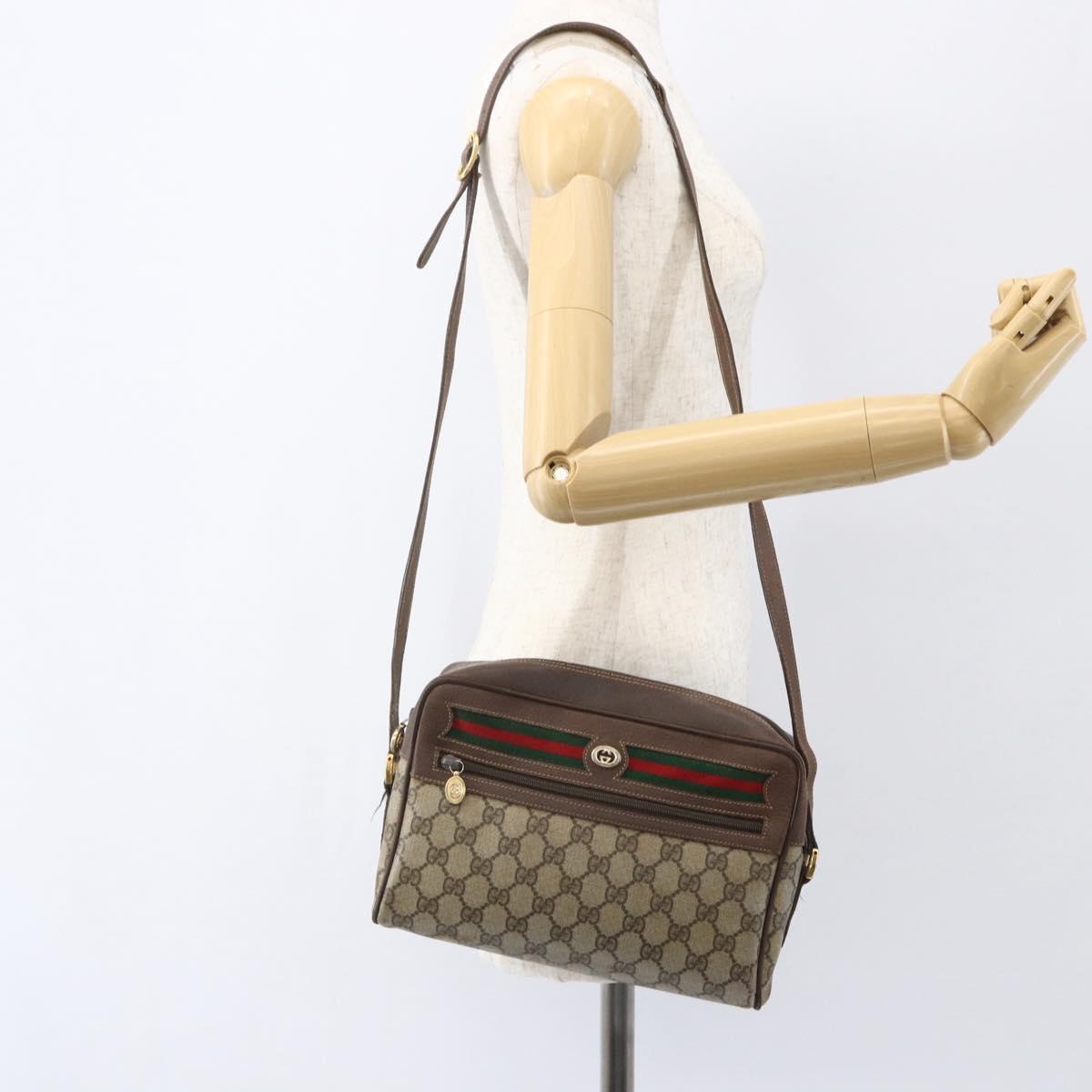 GUCCI GG Supreme Web Sherry Line Shoulder Bag PVC Beige Gold Auth 158511