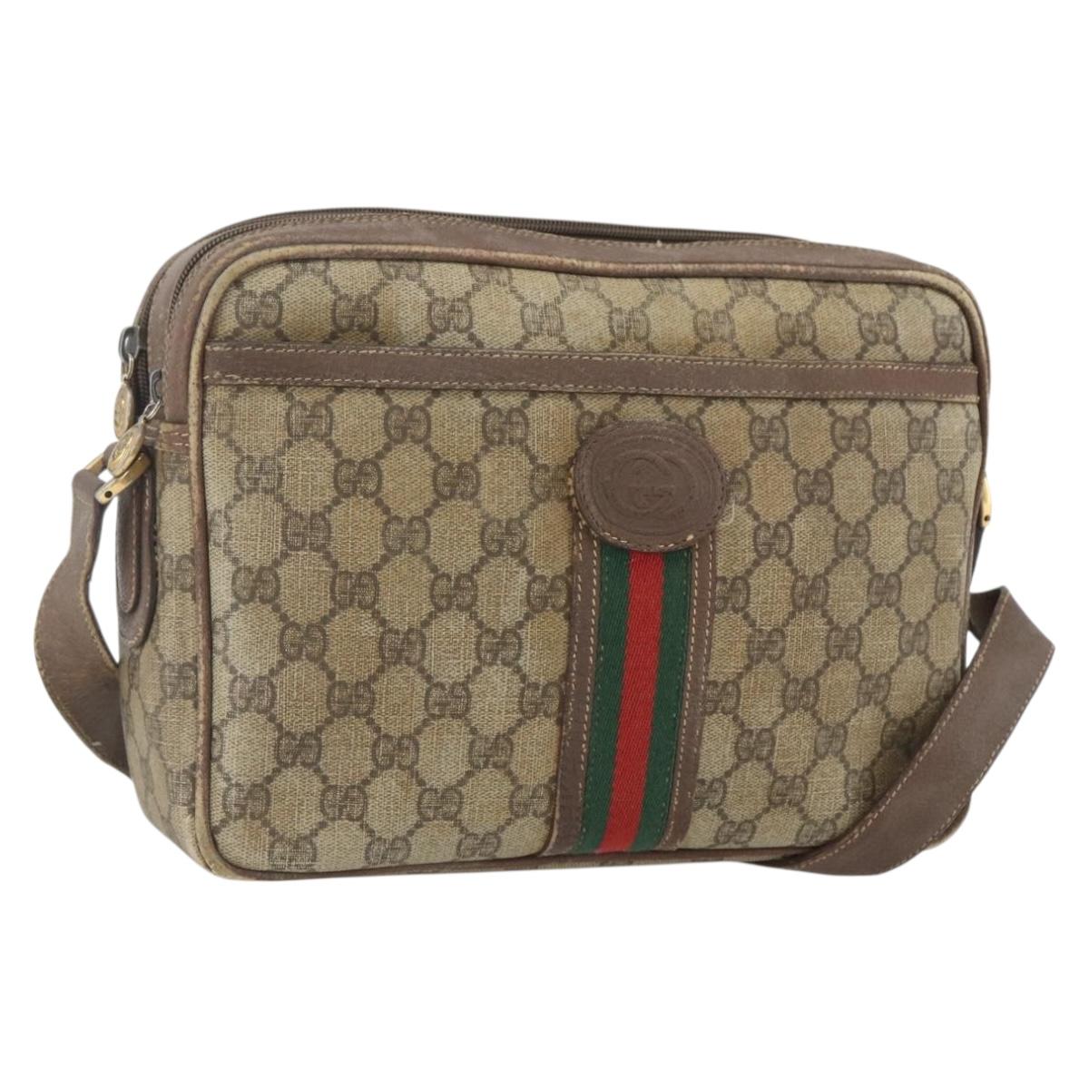 GUCCI GG Supreme Web Sherry Line Shoulder Bag PVC Beige Gold Auth 158516