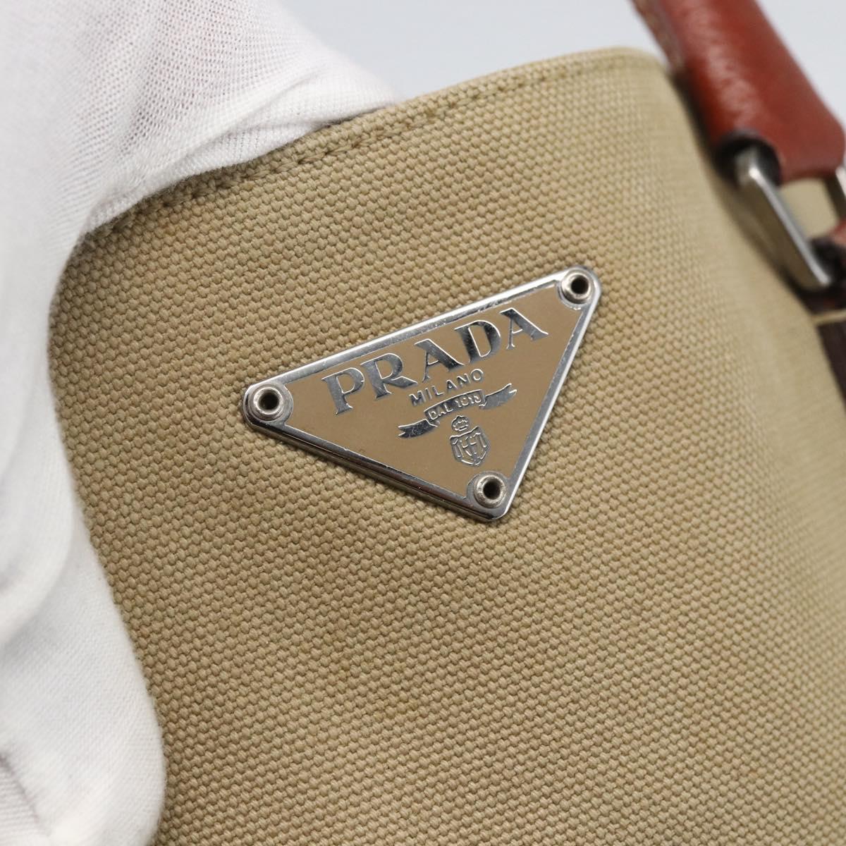 PRADA Tote Bag Canvas Beige Silver Auth 158525