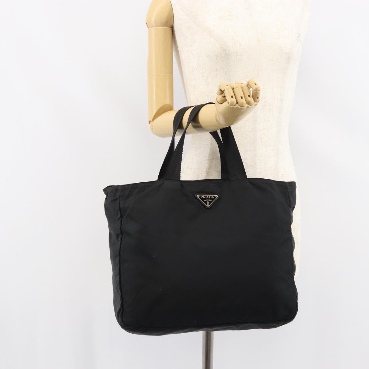 PRADA Tote Bag Nylon Black Silver Auth 158528