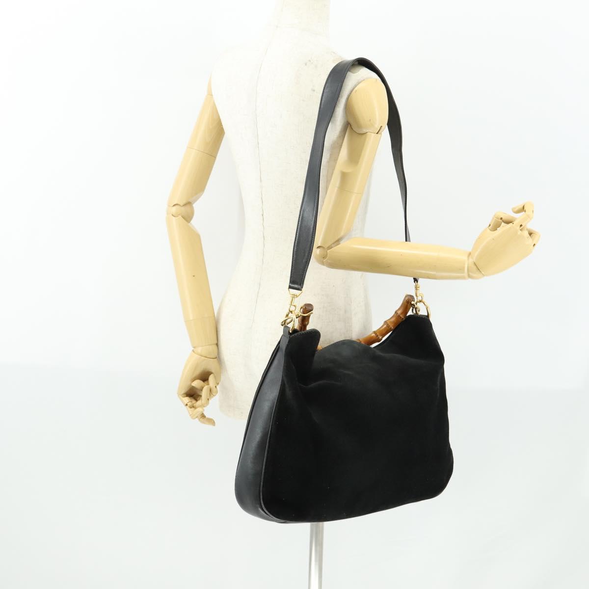 GUCCI Bamboo Hand Bag Suede 2way Black Gold 001 2404 1638 Auth 158529