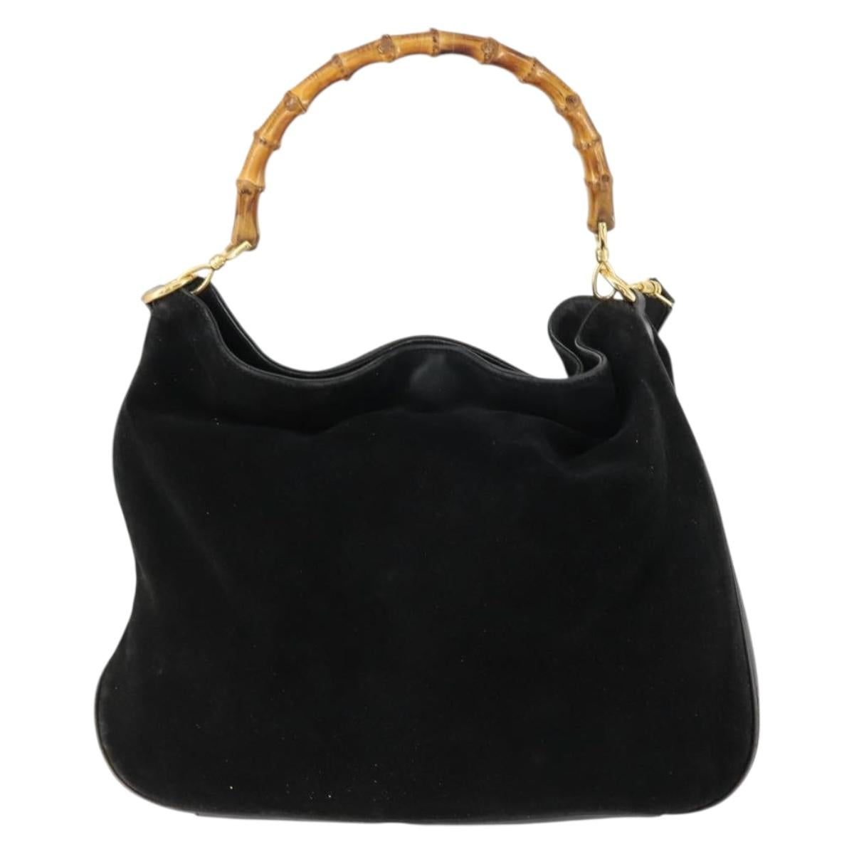 GUCCI Bamboo Hand Bag Suede 2way Black Gold 001 2404 1638 Auth 158529