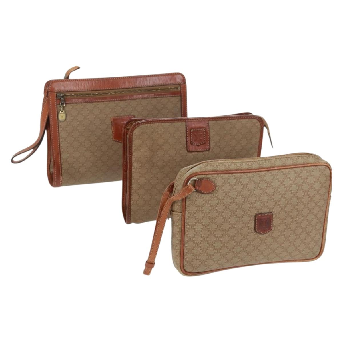 CELINE Macadam Canvas Bag PVC Leather Suede 3 Set Beige Orange Auth 158541