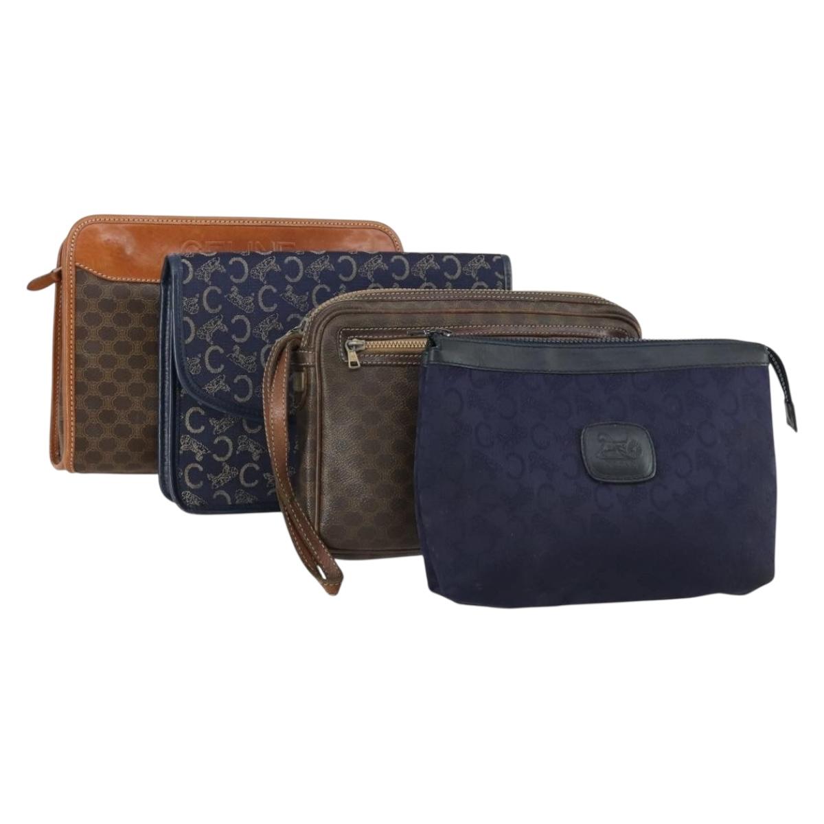 CELINE Macadam Canvas C Sulky Clutch Bag PVC 4 Set Brown Navy Auth 158543