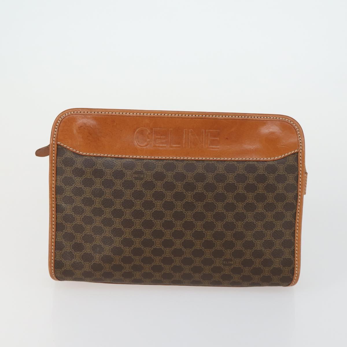 CELINE Macadam Canvas C Sulky Clutch Bag PVC 4 Set Brown Navy Auth 158543