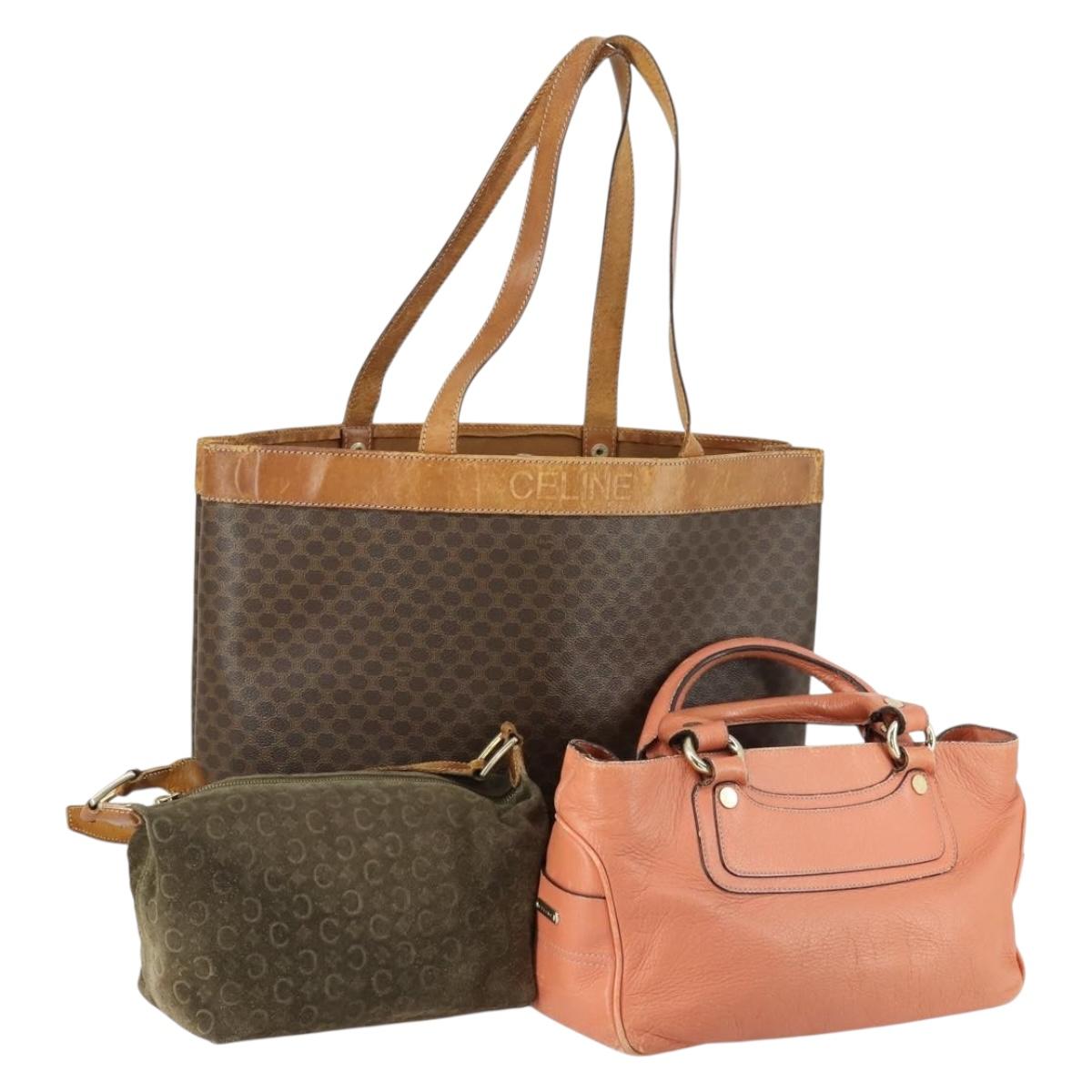 CELINE C Macadam Canvas Bag PVC Suede Leather 3 Set Brown Pink Auth 158549