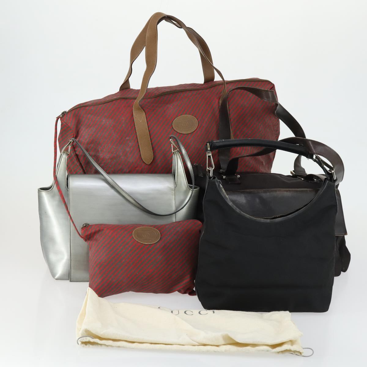 GUCCI Shoulder Bag Canvas Leather 4 Set Black Silver Red Auth 158552