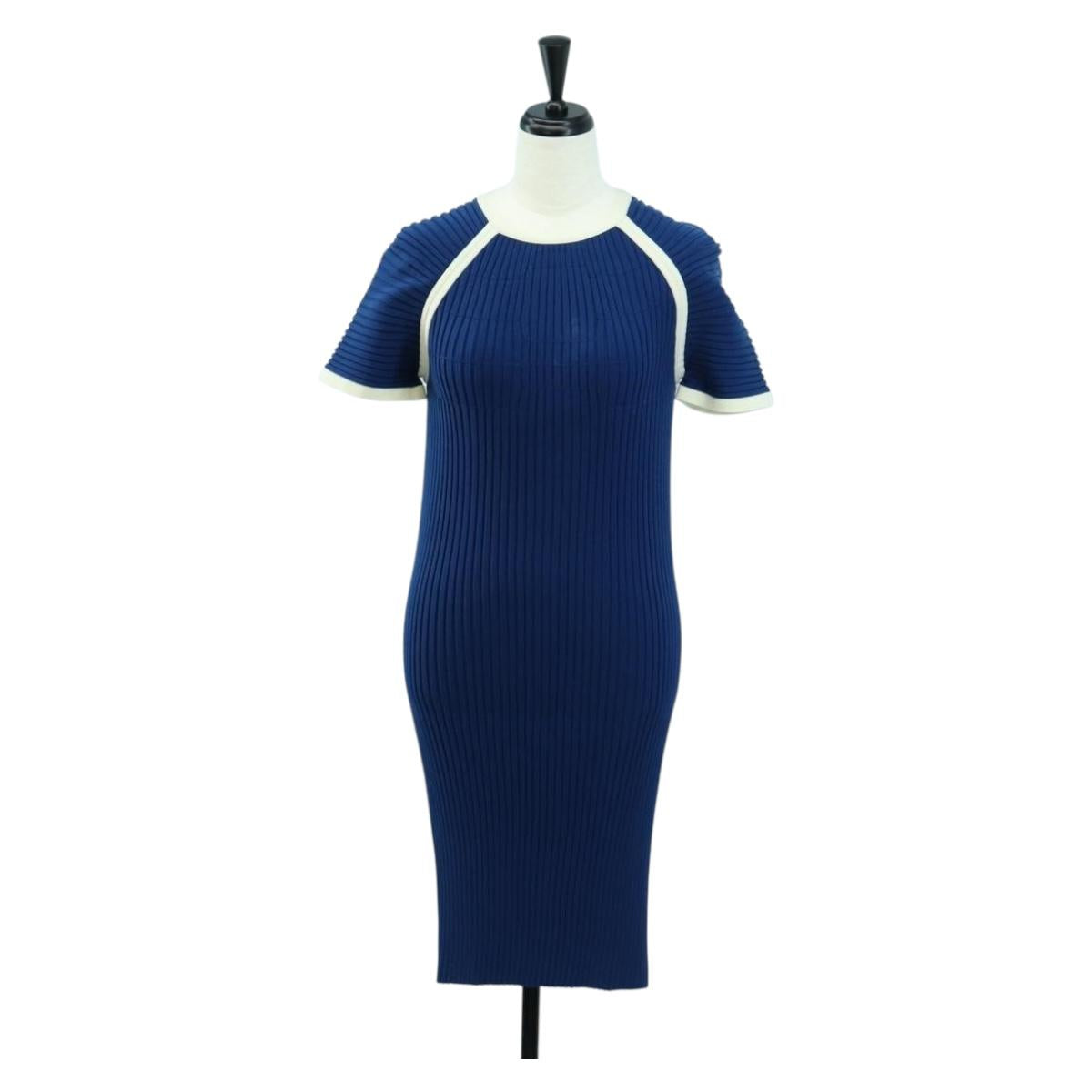 CHANEL Rib Knit Dress Cupra Blue CC Auth 158555M