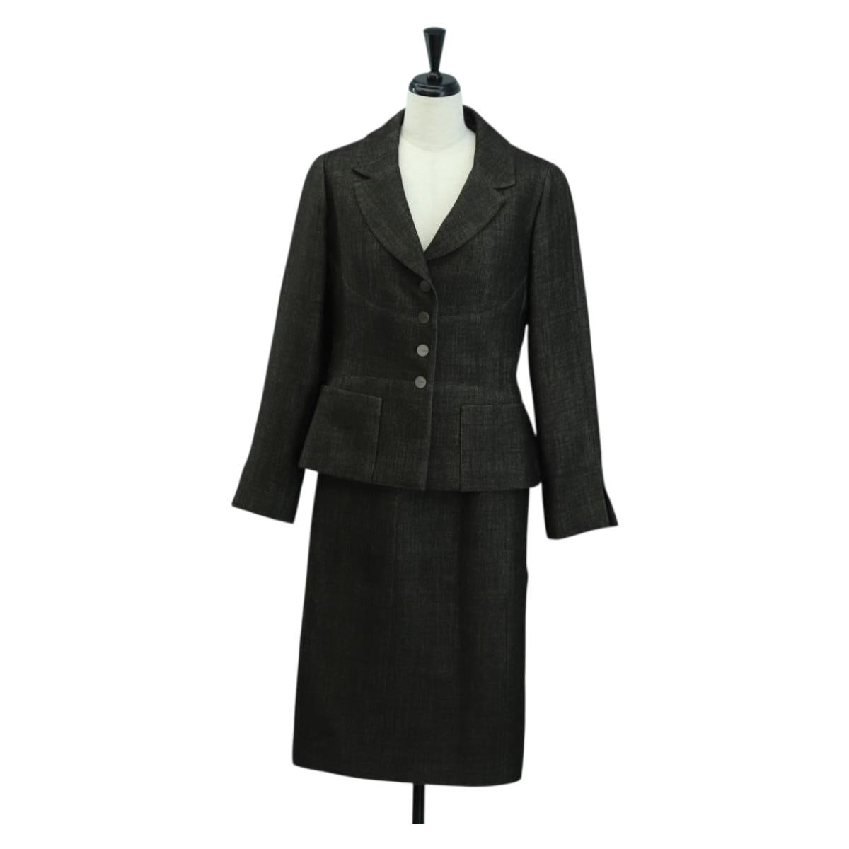 CHANEL jacket Skirt Setup Wool Brown CC Auth 158559M