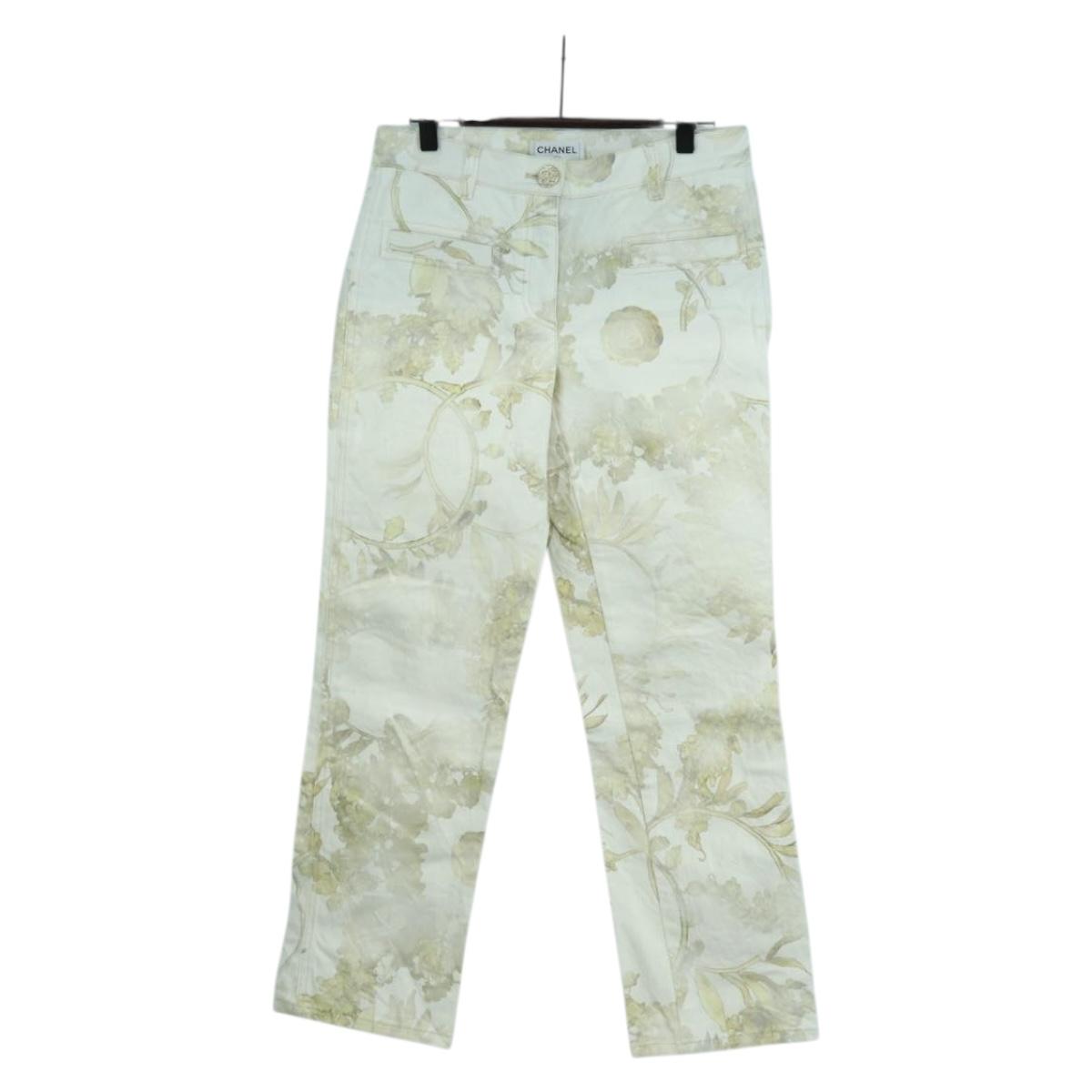 CHANEL Botanical Denim Pants Cotton White CC Auth 158566M