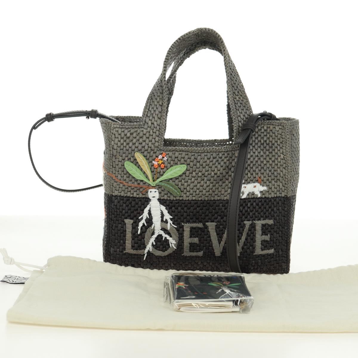 LOEWE SUNA FUJITA Mandragora Loewe Font Small Tote Bag Straw Gray Auth 158581SM