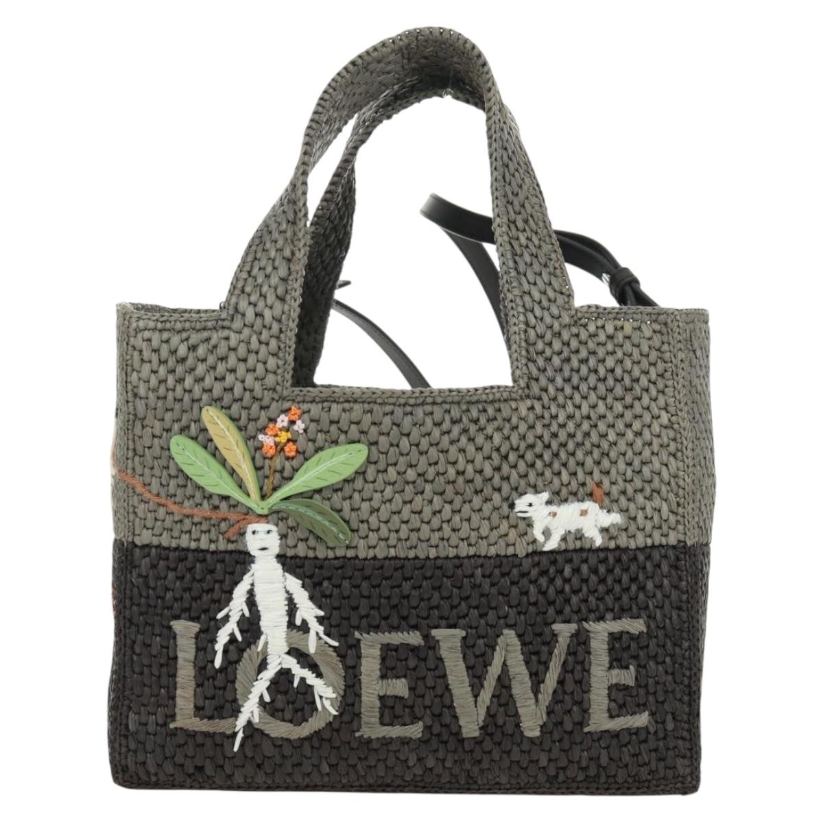 LOEWE SUNA FUJITA Mandragora Loewe Font Small Tote Bag Straw Gray Auth 158581SM