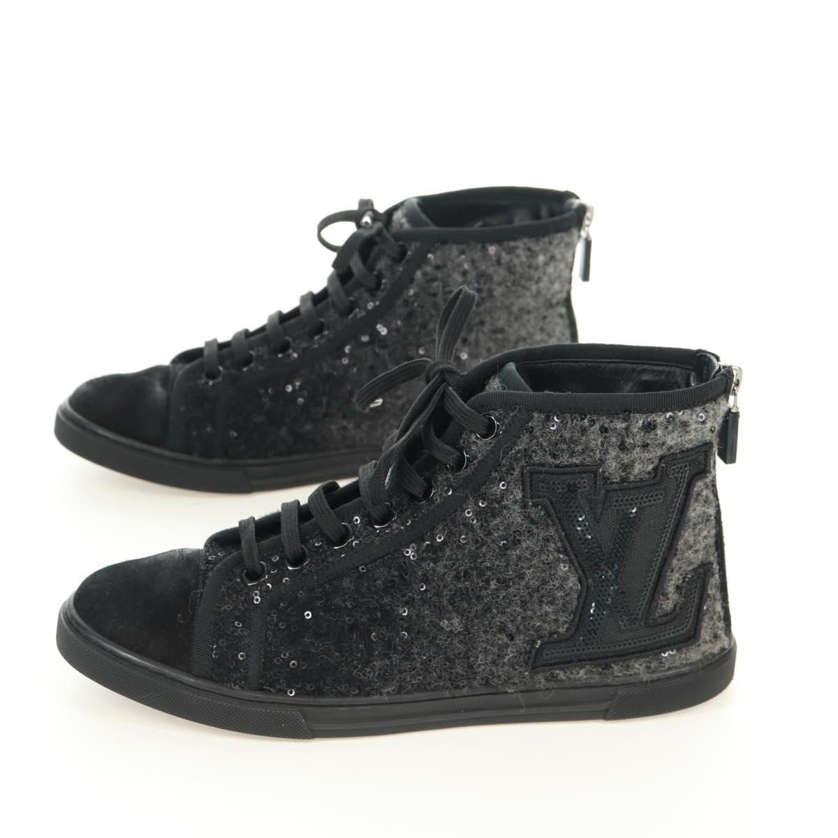 LOUIS VUITTON High Cut Sneakers Wool Canvas Black LV Auth 158597M