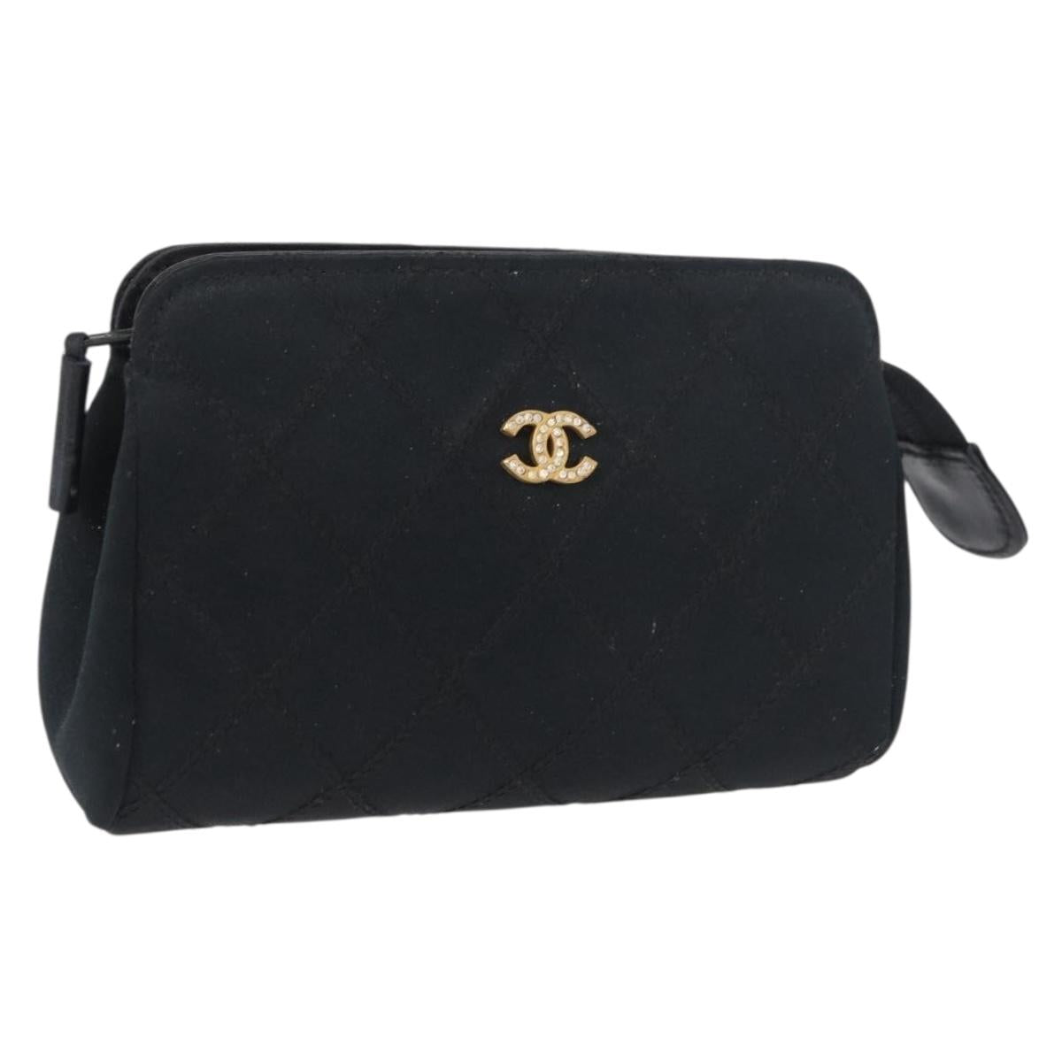 CHANEL Bicolore Pouch Satin Black Gold CC Auth 158658