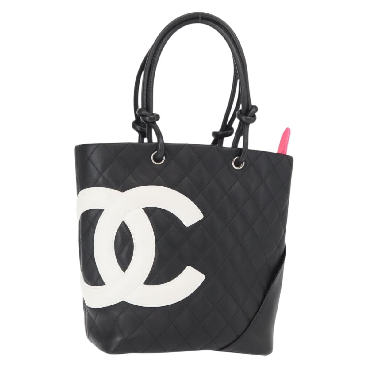 CHANEL Cambon Line Tote Bag Leather Black Silver CC Auth 158676SAM
