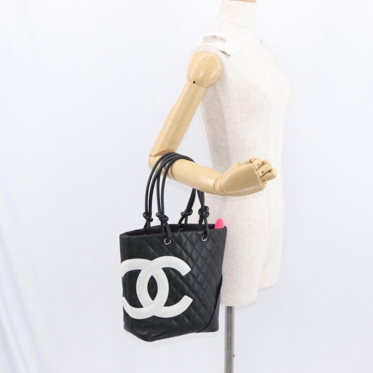 CHANEL Cambon Line Tote Bag Leather Black Silver CC Auth 158676SAM