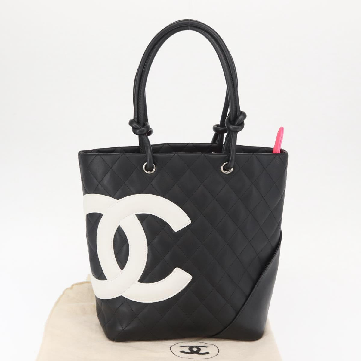 CHANEL Cambon Line Tote Bag Leather Black Silver CC Auth 158676SAM