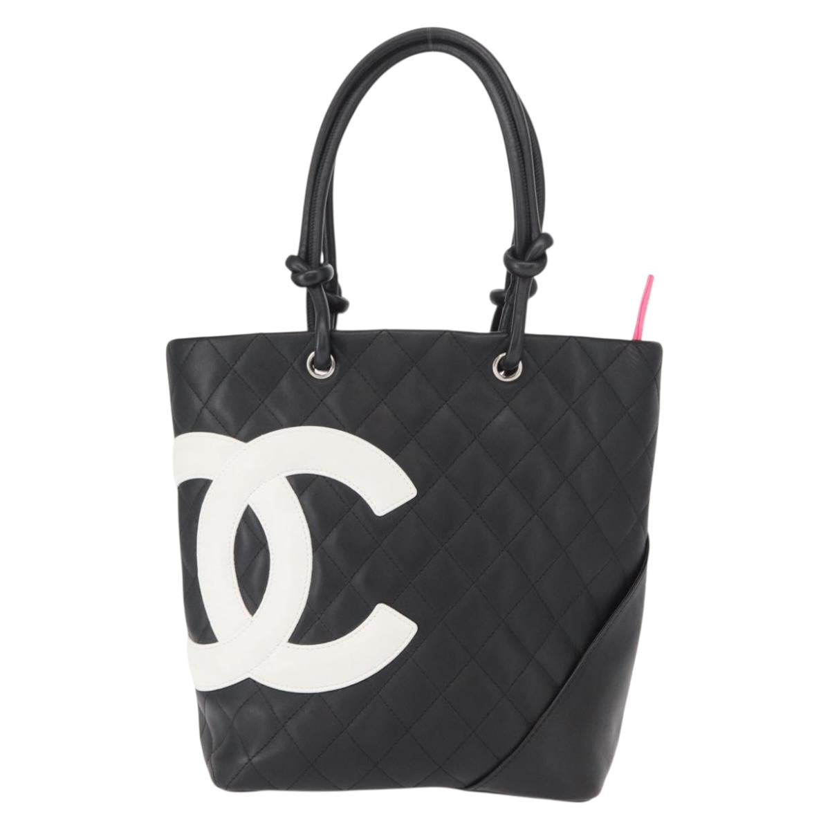 CHANEL Cambon Line Tote Bag Leather Black Silver CC Auth 158676SAM