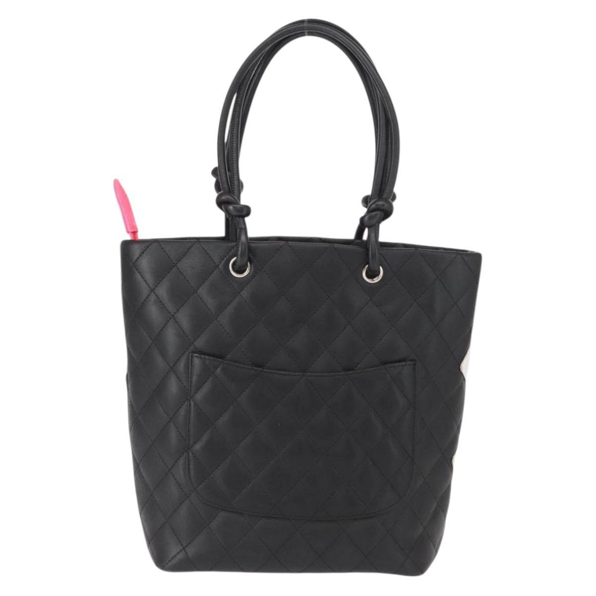 CHANEL Cambon Line Tote Bag Leather Black Silver CC Auth 158676SAM