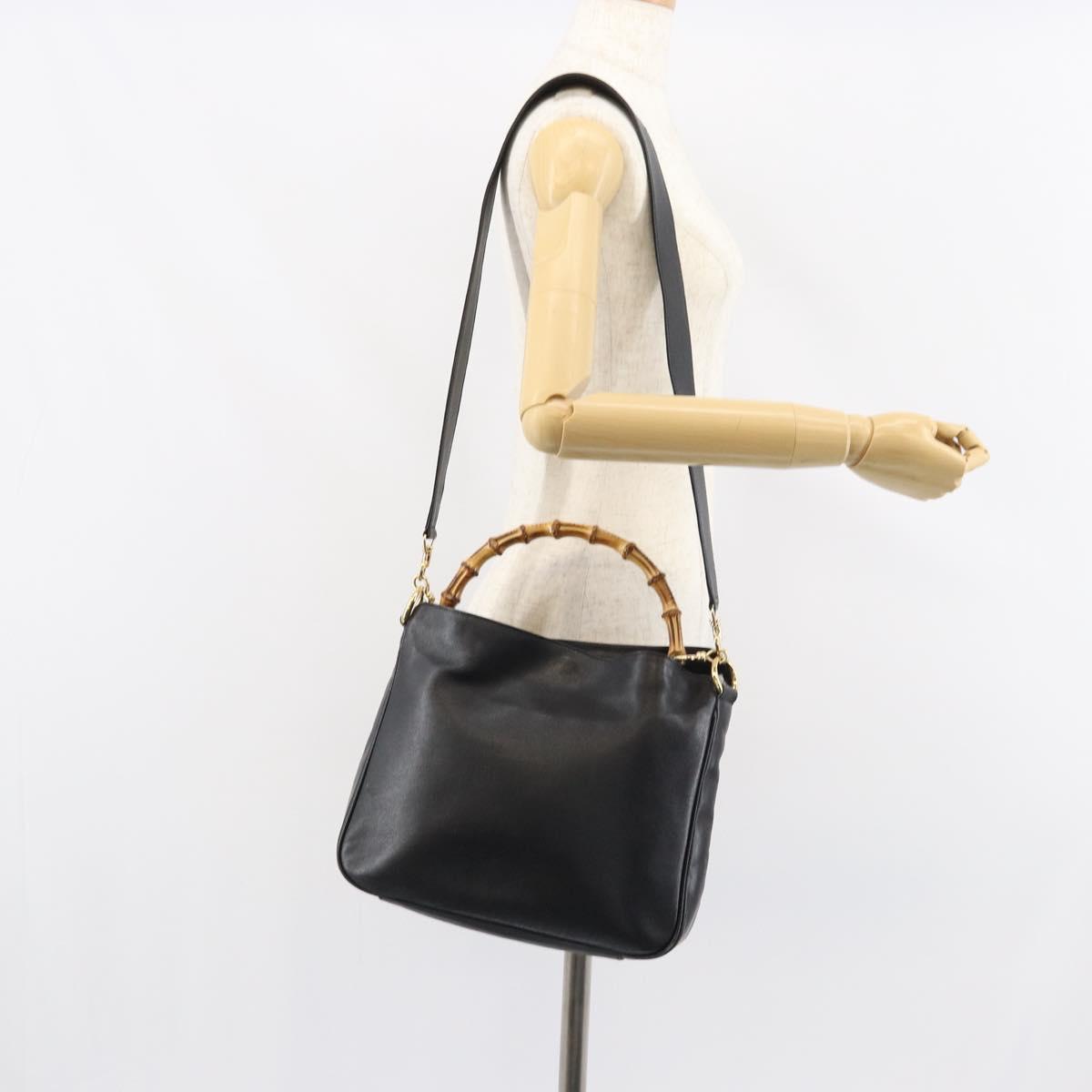 GUCCI Bamboo Shoulder Bag Leather 2way Black Gold 001 3444 1638 Auth 158690
