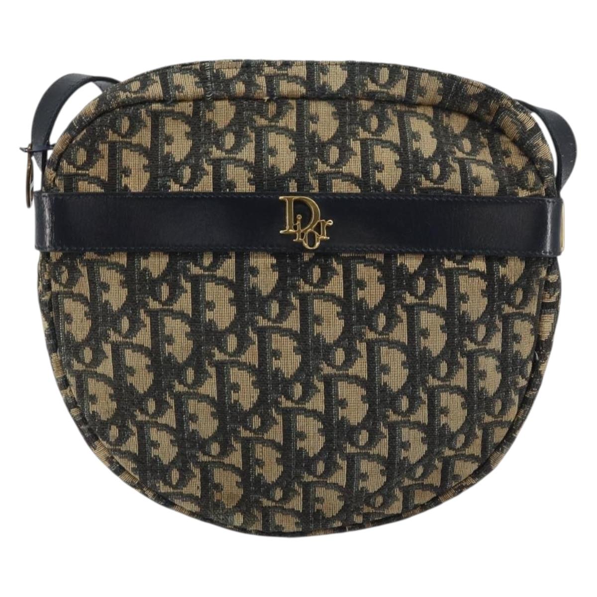 Christian Dior Trotter Canvas Shoulder Bag Navy Gold Auth 158694