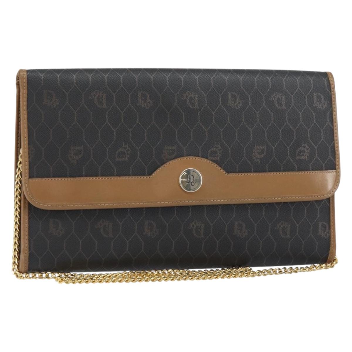 Christian Dior Honeycomb Canvas Chain Shoulder Bag PVC Black Gold Auth 158695