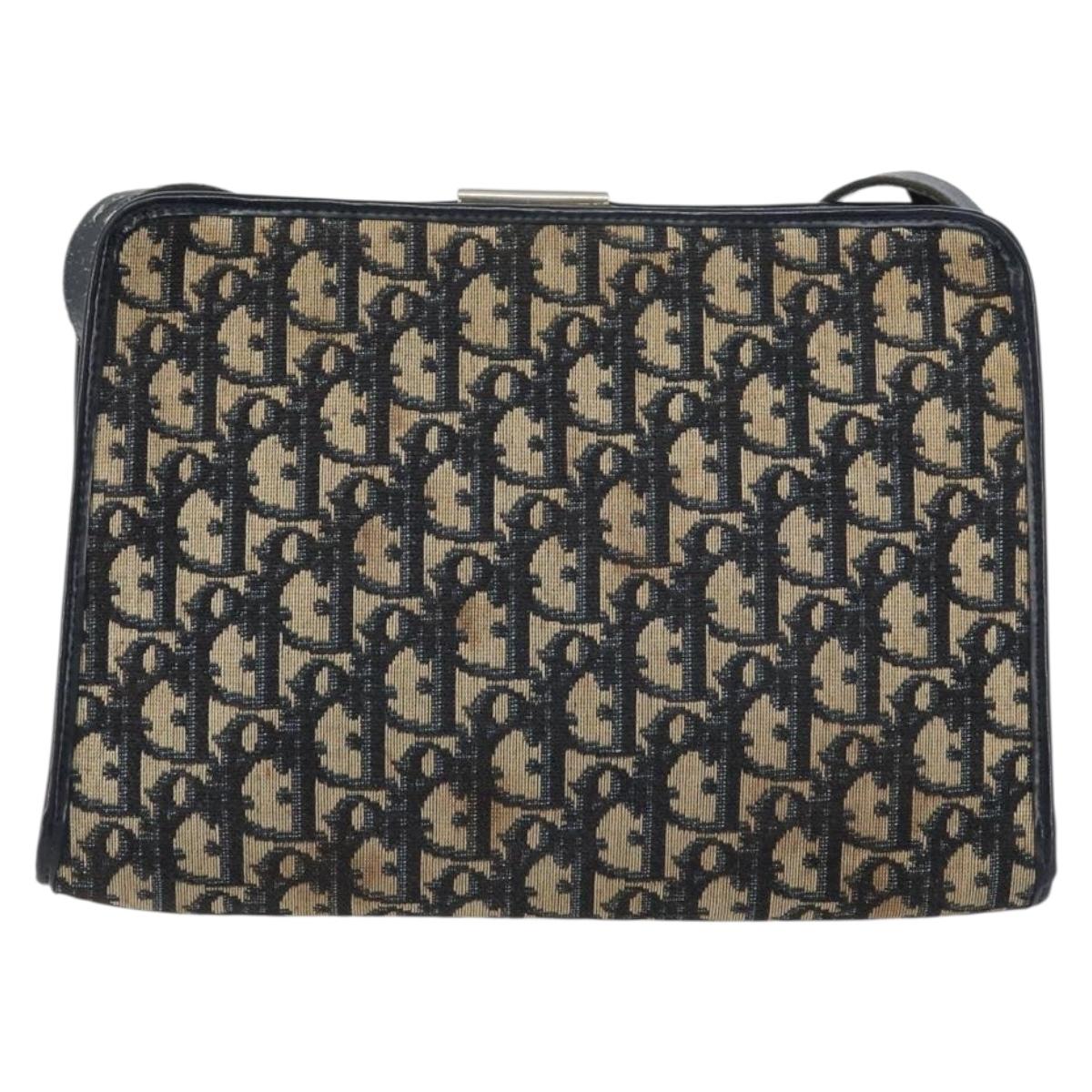 Christian Dior Trotter Canvas Shoulder Bag Navy Gold Auth 158697