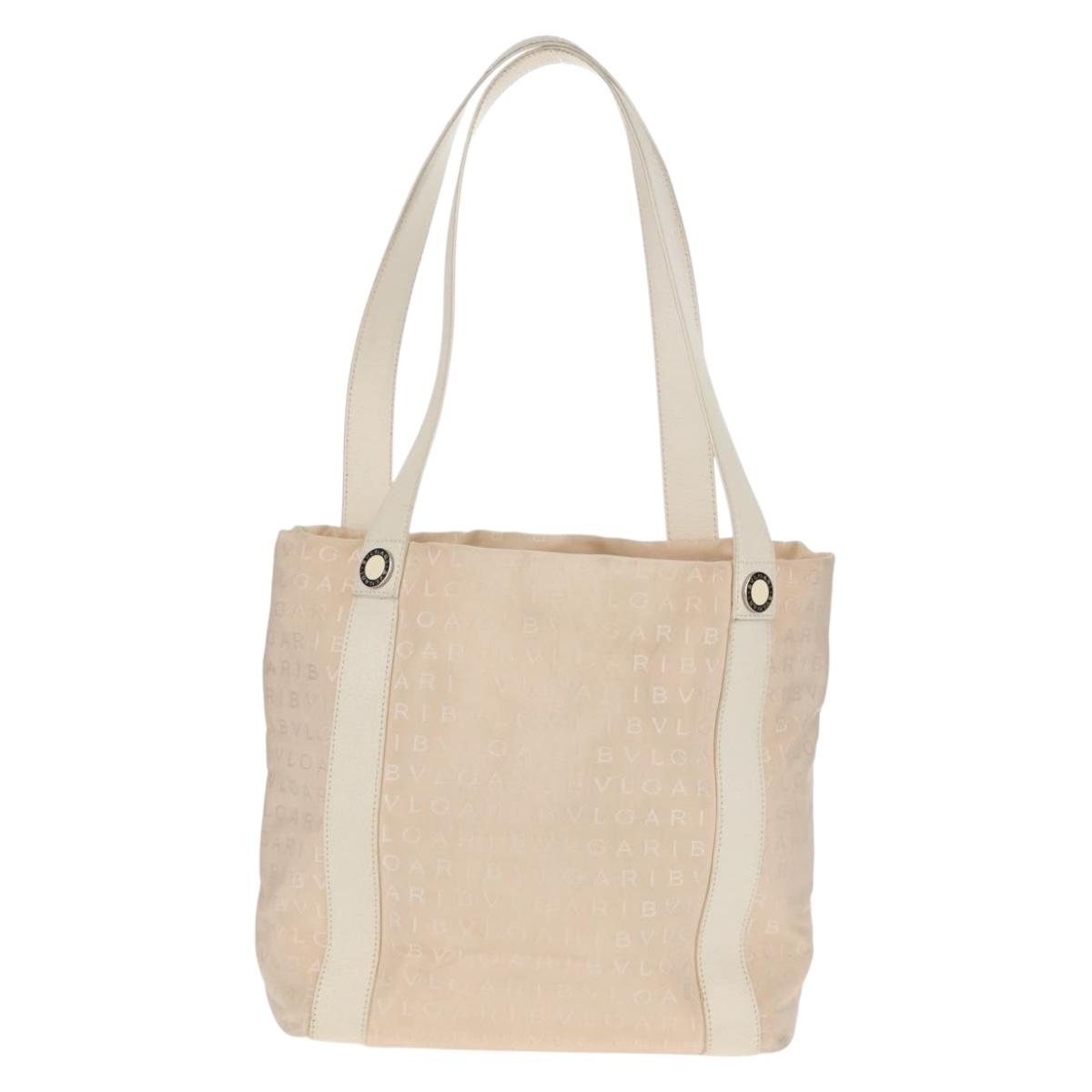 BVLGARI Logo Mania Tote Bag Canvas Leather Beige Silver Auth 158698