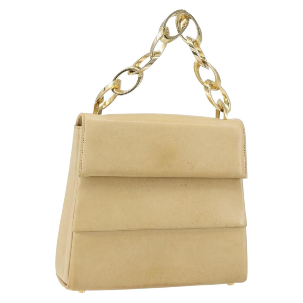 Salvatore Ferragamo Chain Hand Bag Leather Beige Gold Auth 158714