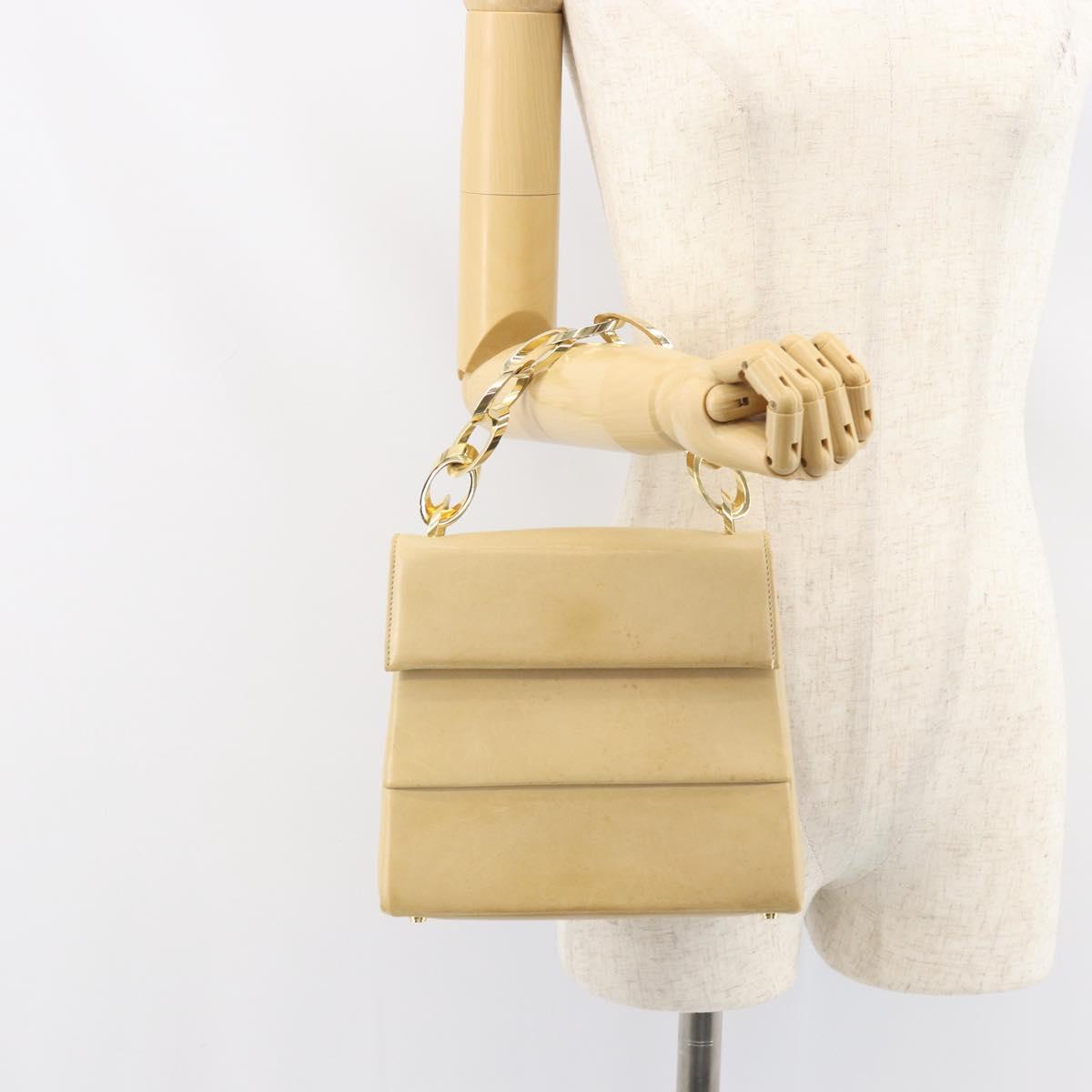 Salvatore Ferragamo Chain Hand Bag Leather Beige Gold Auth 158714