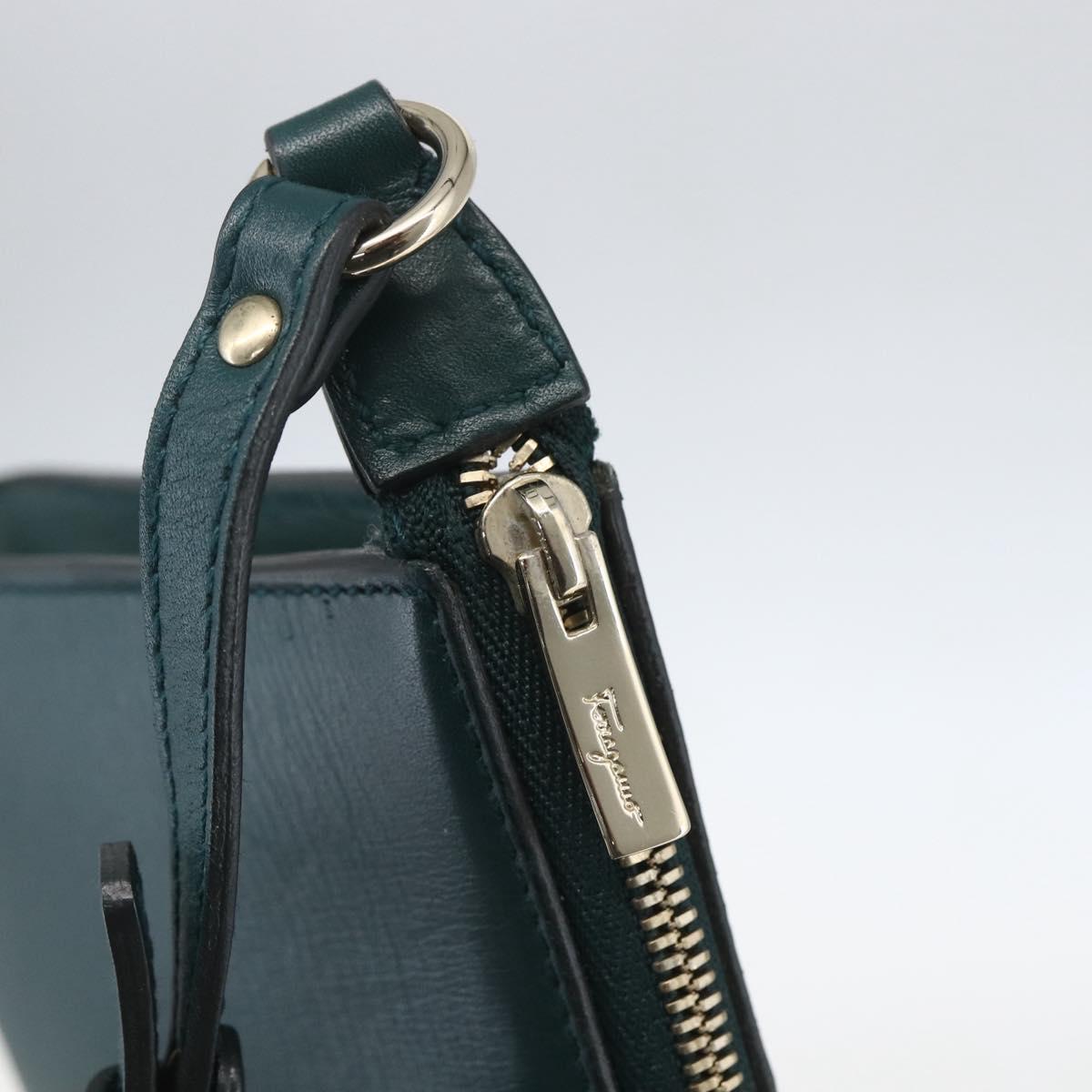 Salvatore Ferragamo Gancini Accessory Pouch Leather Green Silver Auth 158715