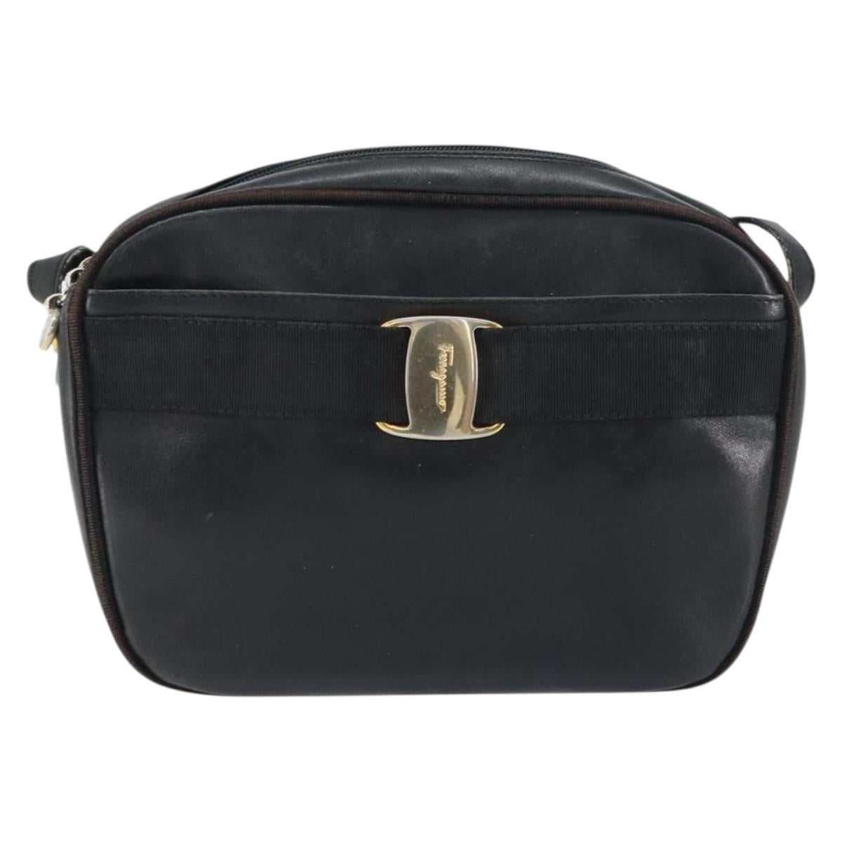 Salvatore Ferragamo Shoulder Bag Leather Black Gold Auth 158721