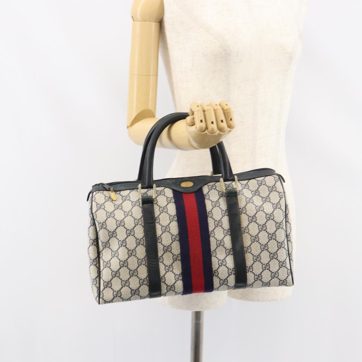 GUCCI GG Supreme Sherry Line Boston Bag PVC Navy Gold 010 378 Auth 158801