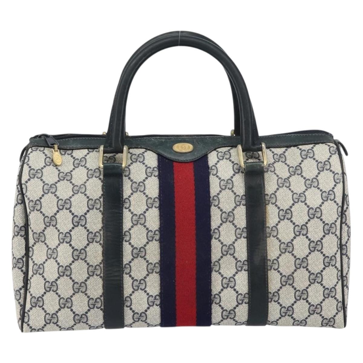 GUCCI GG Supreme Sherry Line Boston Bag PVC Navy Gold 010 378 Auth 158801