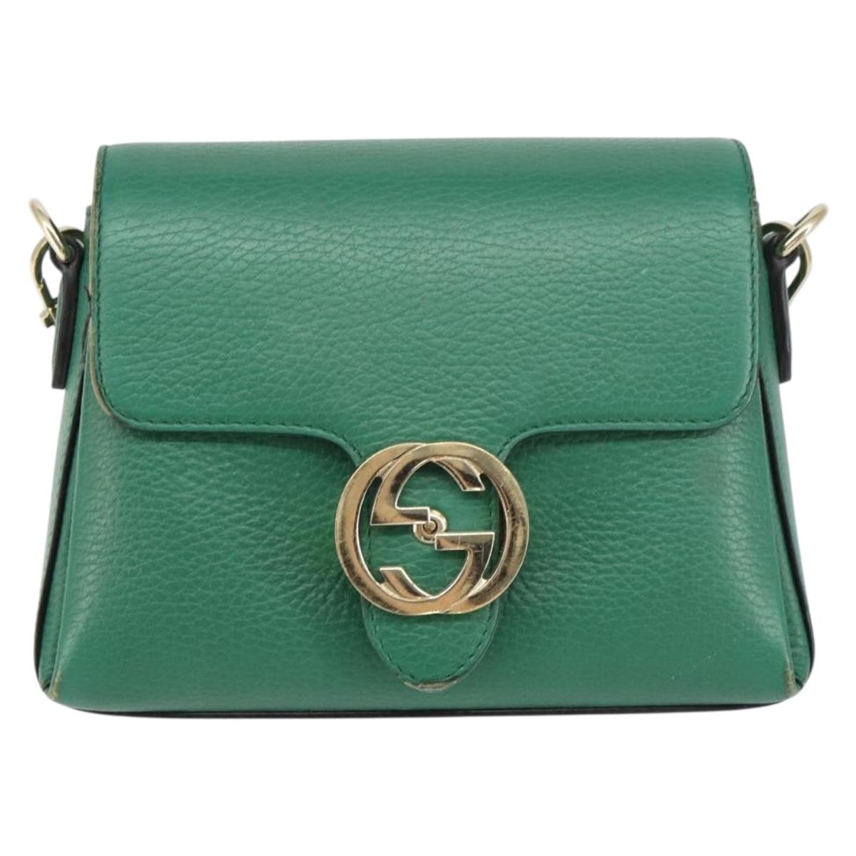 GUCCI Interlocking G Chain Shoulder Bag Leather Green Gold 607720 Auth 158806