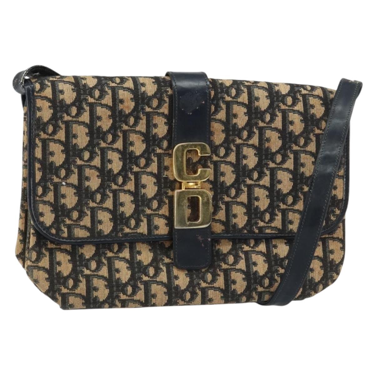 Christian Dior Trotter Canvas Shoulder Bag Navy Gold Auth 158813