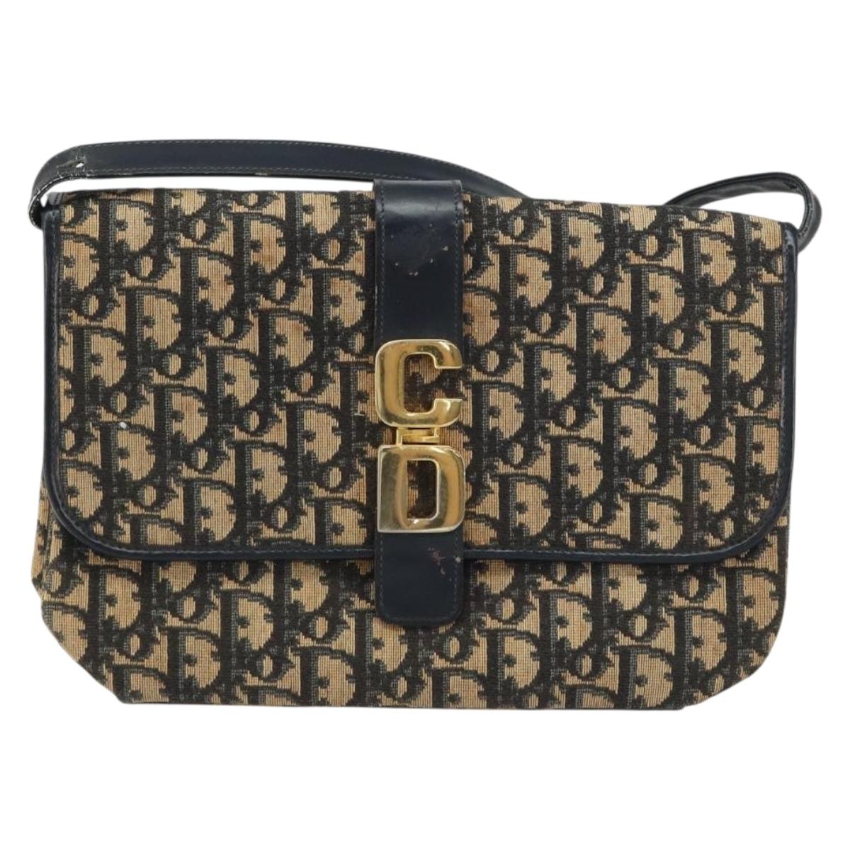 Christian Dior Trotter Canvas Shoulder Bag Navy Gold Auth 158813