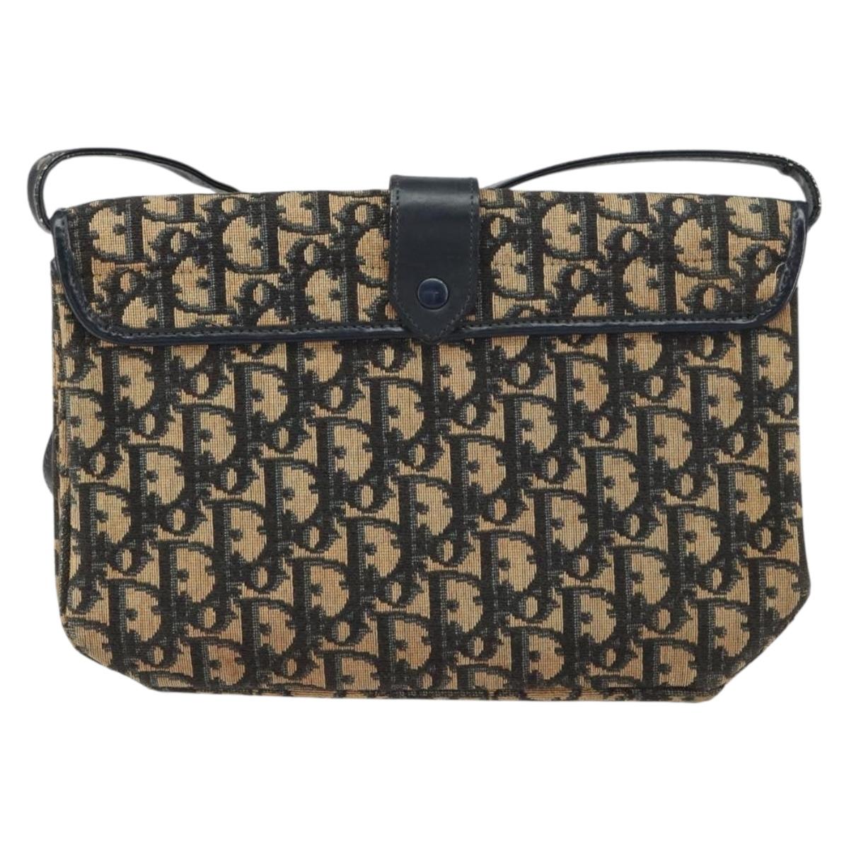 Christian Dior Trotter Canvas Shoulder Bag Navy Gold Auth 158813