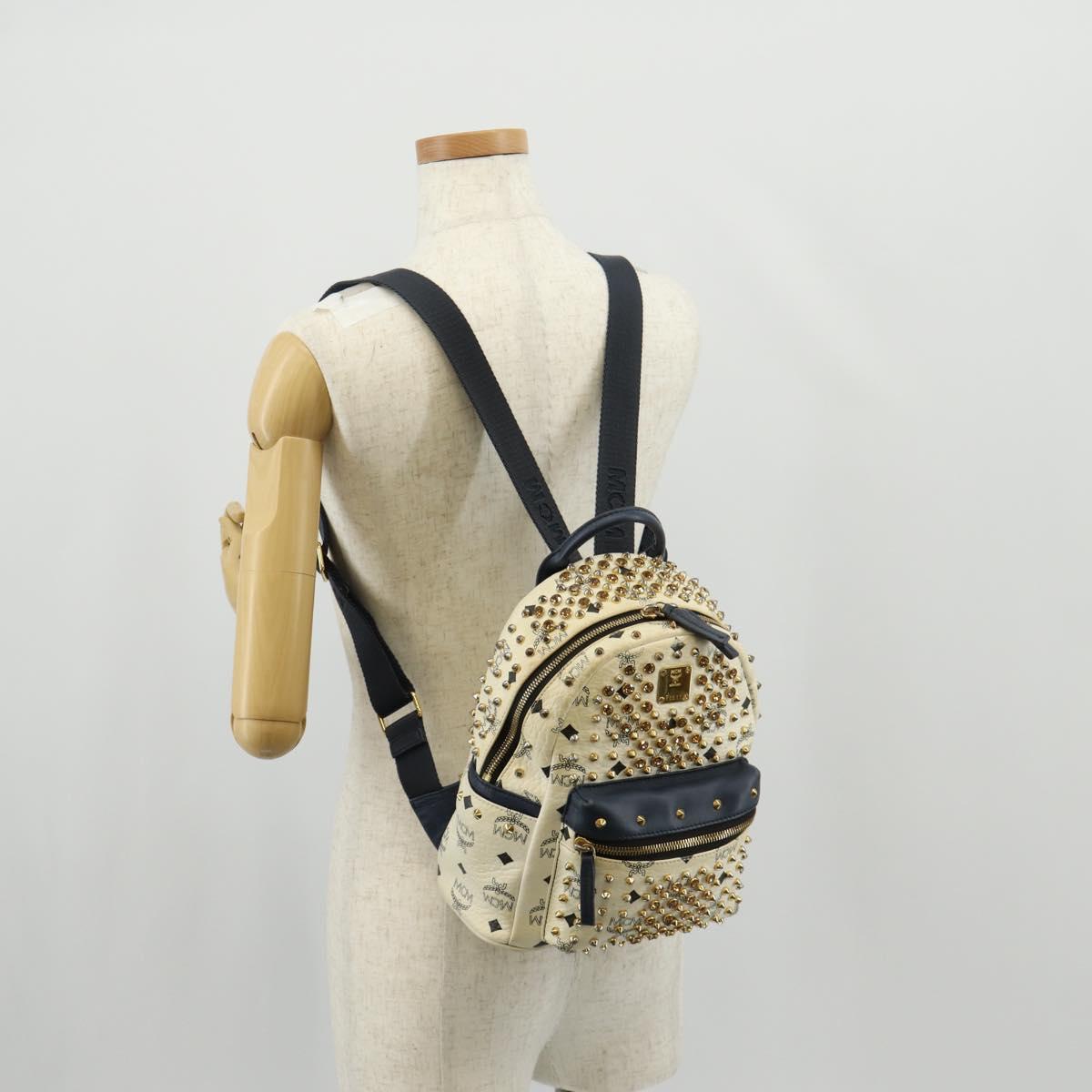 MCM Vicetos Logogram Backpack PVC Leather White Gold Auth 158824